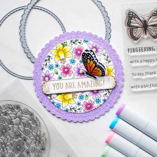Butterfly Circle Card by June Guest Designer Amy Tollner | Floral Roundabout Stamp Set, Monarchs Stamp Set, Circle Frames Die Set, and Banner Trio Die Set by Newton's Nook Designs #newtonsnook #handmade