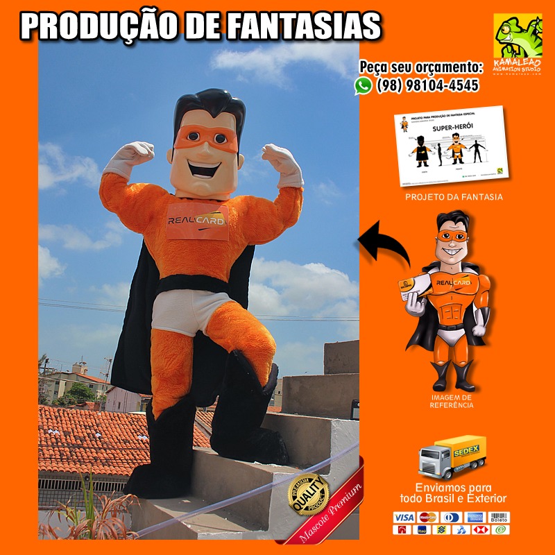 Fantasia Mascote Real Card Super Herói Laranja Forte Musculoso Cepacol Mascarado