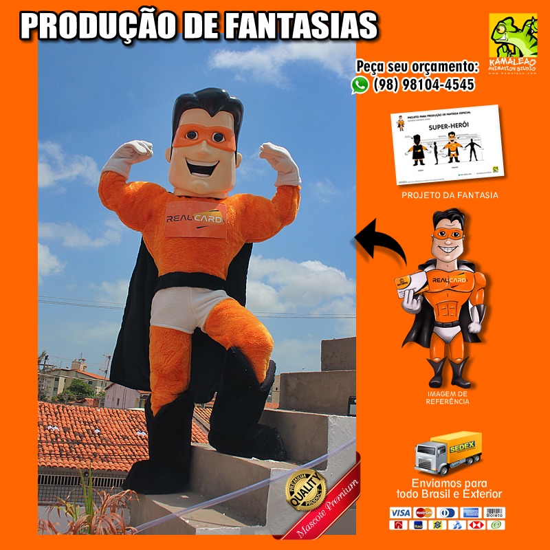 Fantasia Mascote Real Card Super Her&oacute;i Laranja Forte Musculoso Cepacol Mascarado
