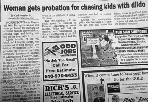 woman gets probation for chasing kids with dildo funny newspaper headline madwoman convicted