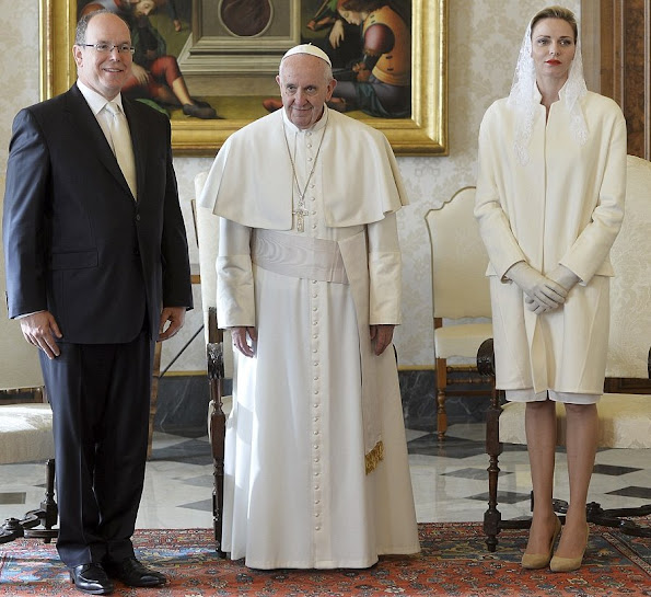 Pope Francis meets Prince Albert II of Monaco, Princess Charlene of Monaco and their delegation during at the Apostolic Palace