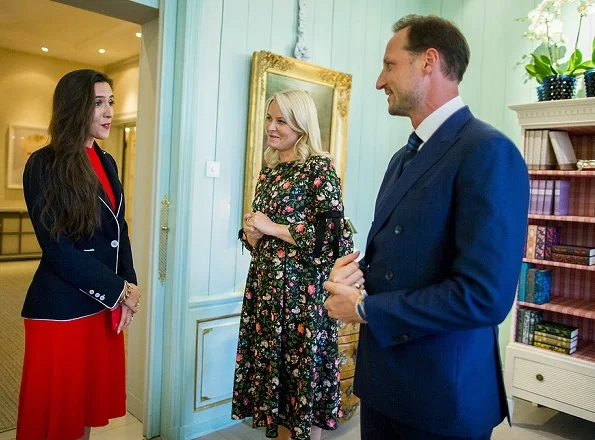 Crown Princess Mette-Marit wore ERDEM Aleena floral-print matelasse dress. Oslo Business for Peace Award 2017 at Skaugum