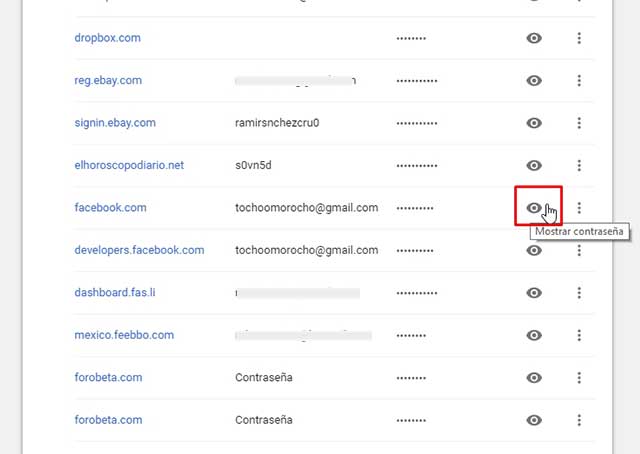 opción mostrar contraseñas