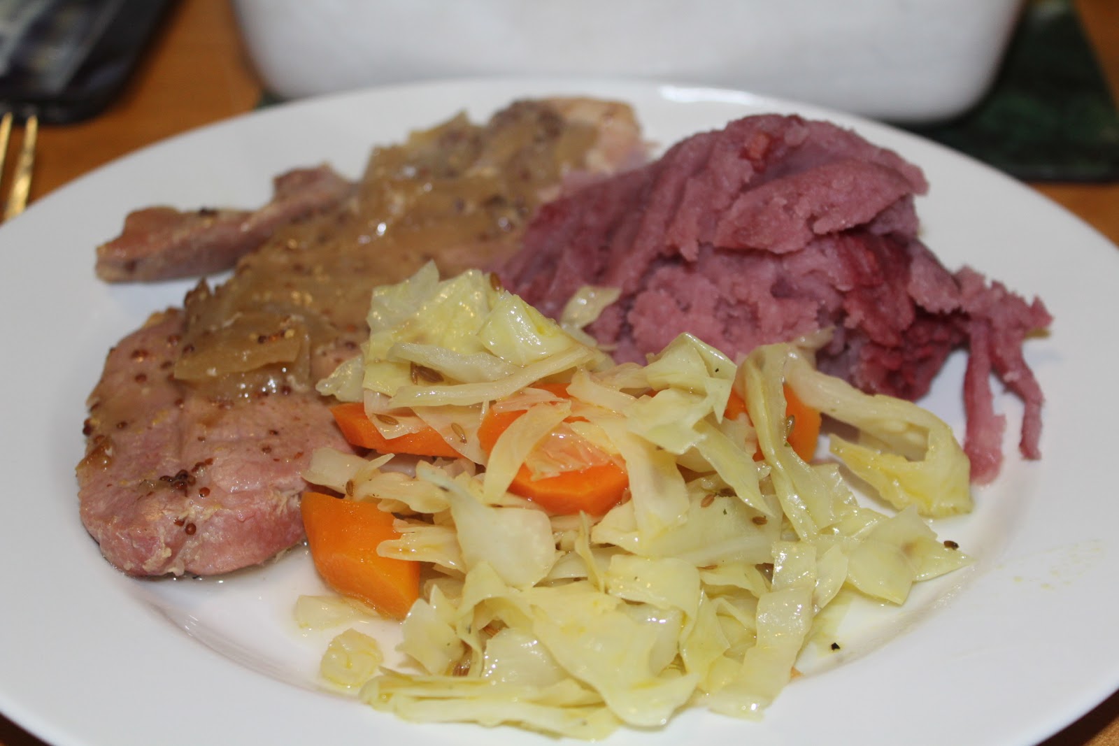 Kitchen Fairies Gammon in a mustard and cider sauce, with purple mash