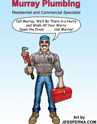 Plumber with Wrench, Tool Box Cartoon Ad
