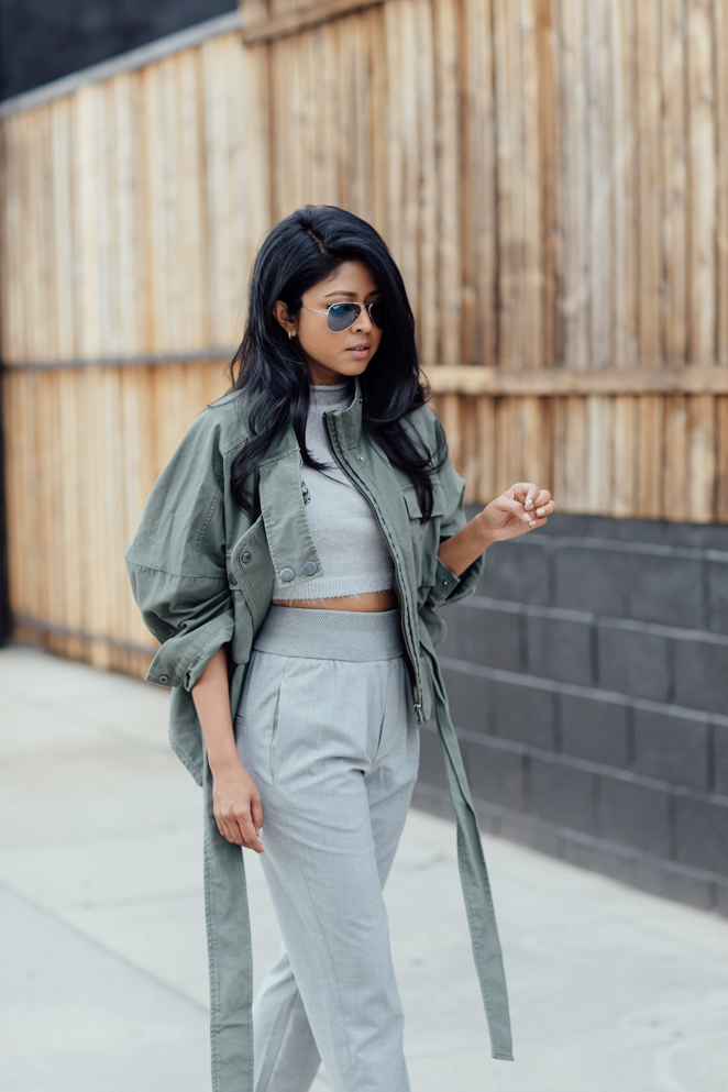 Walk In Wonderland - Khaki Military Jacket + Ray-Ban Aviator Sunglasses