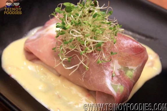 spring roll of proscuitto avocado onsen egg