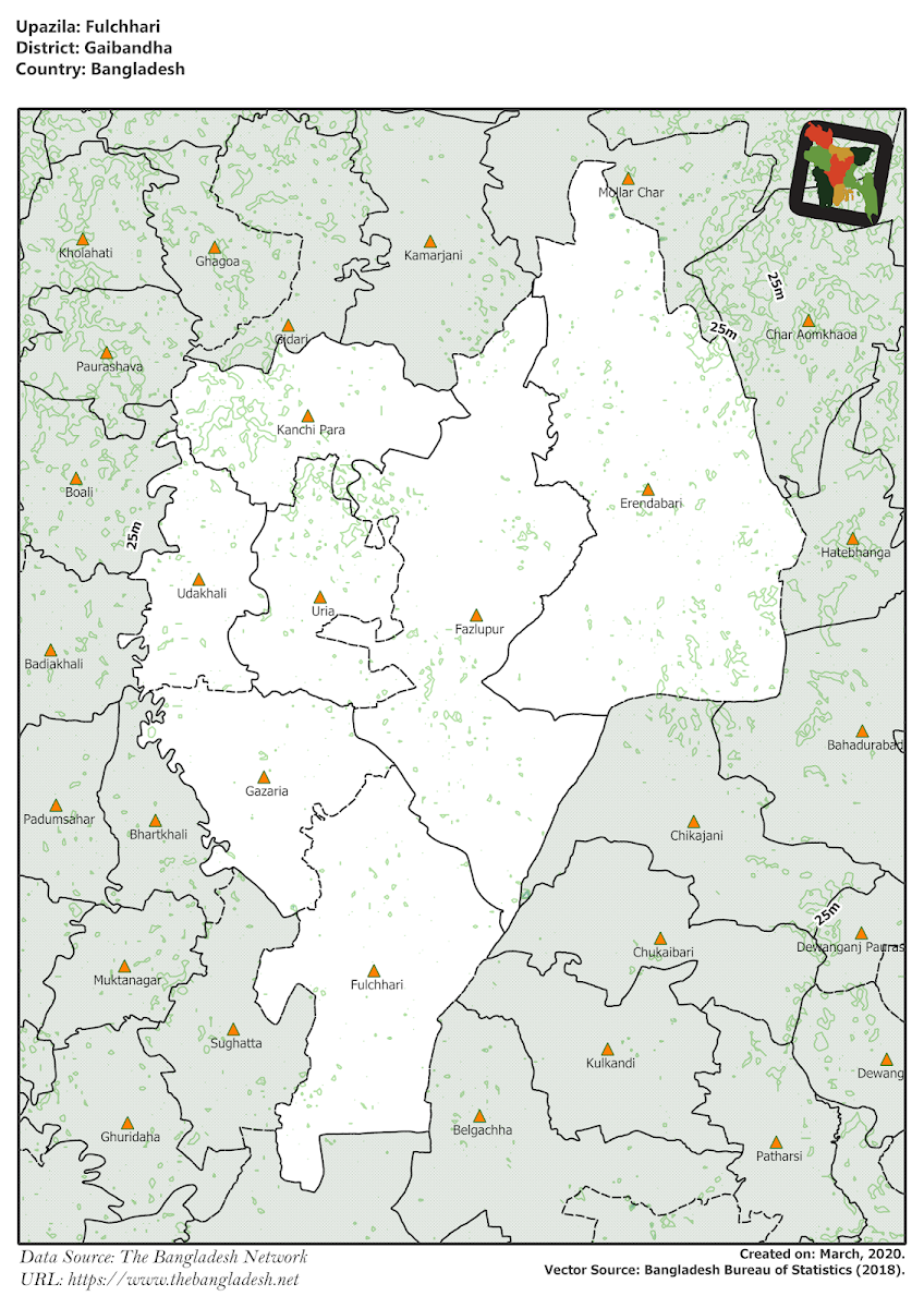 Phulchhari Upazila Elevation Map Gaibandha District Bangladesh
