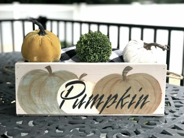 Hand Painted and Stenciled Fall Pumpkin Crate on outdoor table