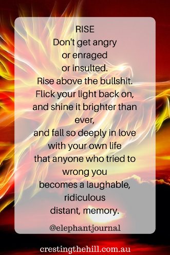 RISE Don't get angry or enraged or insulted. Rise above the bullshit. Flick your light back on, and shine it brighter than ever