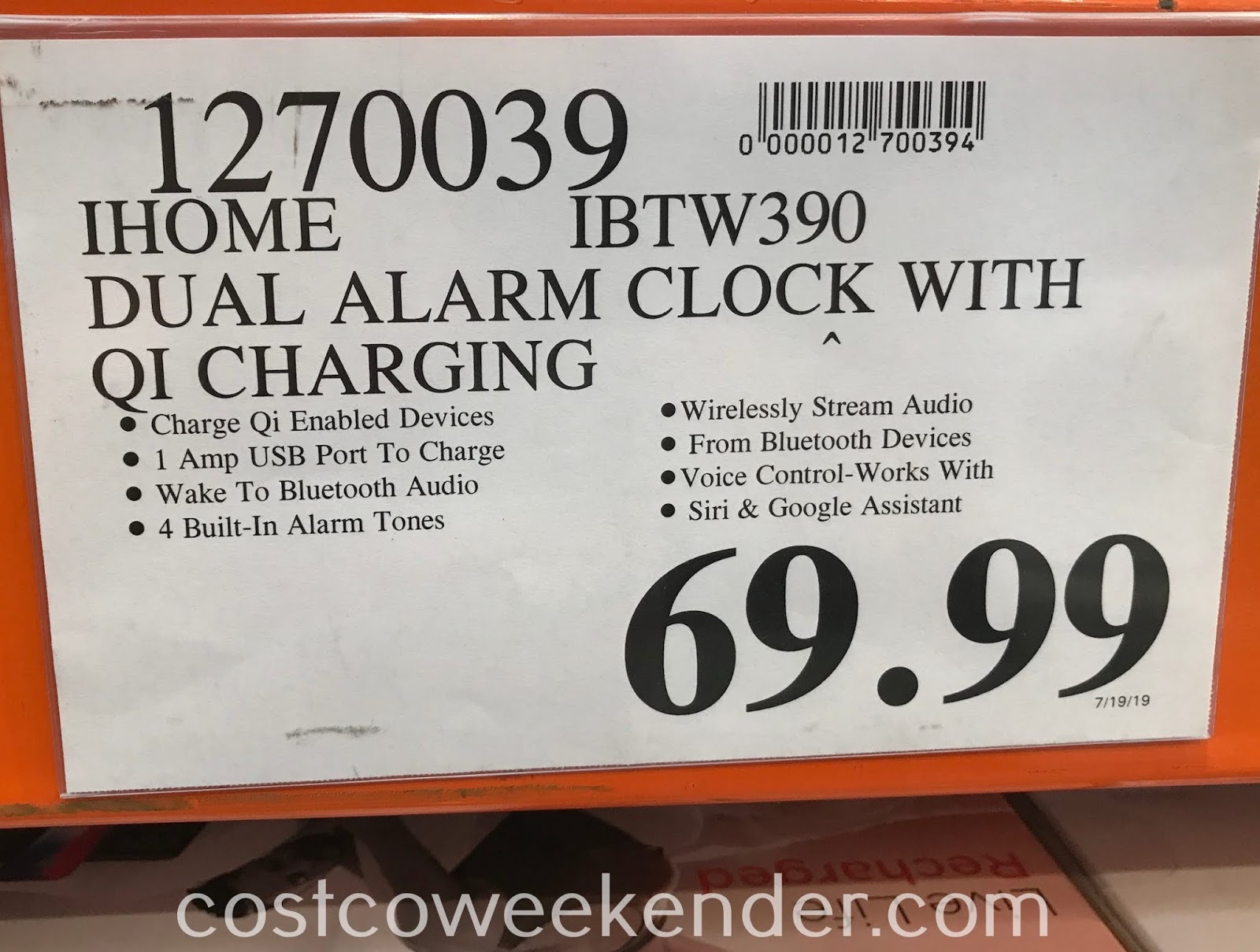 iHome IBTW390 Dual Alarm Clock with Qi Charging Costco Weekender