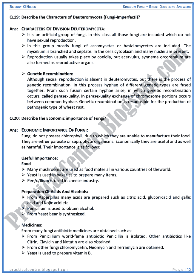 Kingdom Fungi Short Questions Answers Biology XI Practical Centre