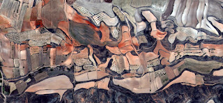 Spain fields from the air, artistic representation of human labor camps bird's eye view, abstract photograph of the Spain fields from the air, which mimic an abstract painting