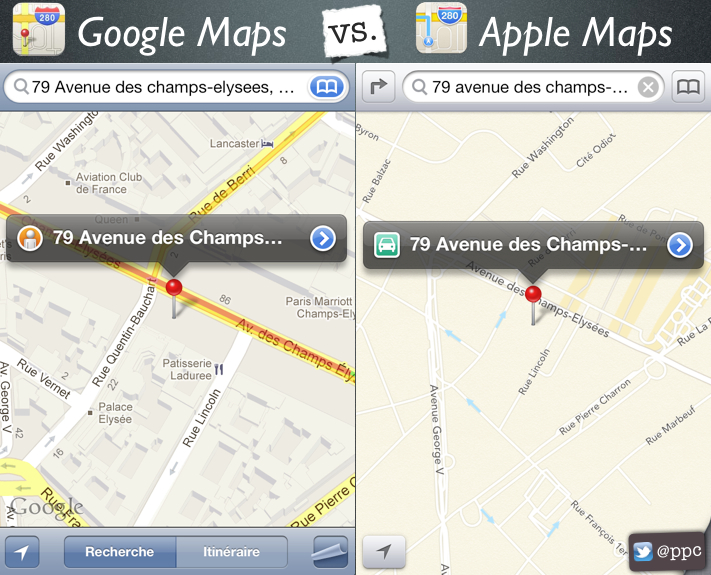 les différence de design entre Google Maps et Apple Maps sous iOS6 PPC