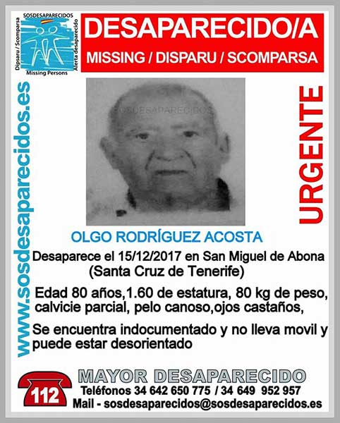 Buscan hombre desaparecido en San Miguel de Abona, Tenerife, Olgo Rodríguez Acosta
