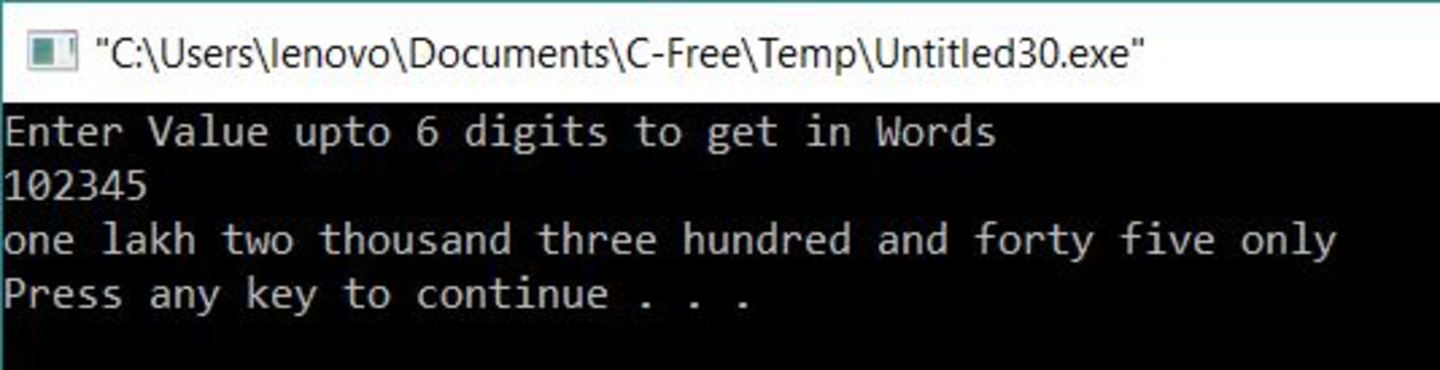 all c programs program 290 print given money or value in words words with temp