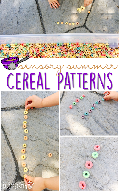 Practice fine motor skills and patterns with this cereal filled sensory bin! This is a perfect activity for summer tot school, preschool, or kindergarten!