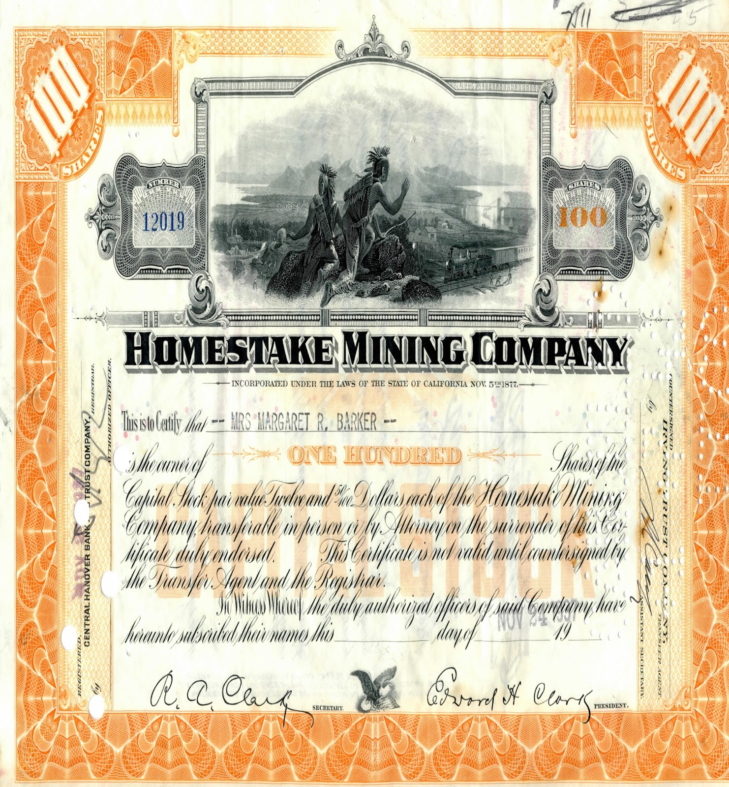 Stock certificate Homestake Mining Company California 1931-1932 