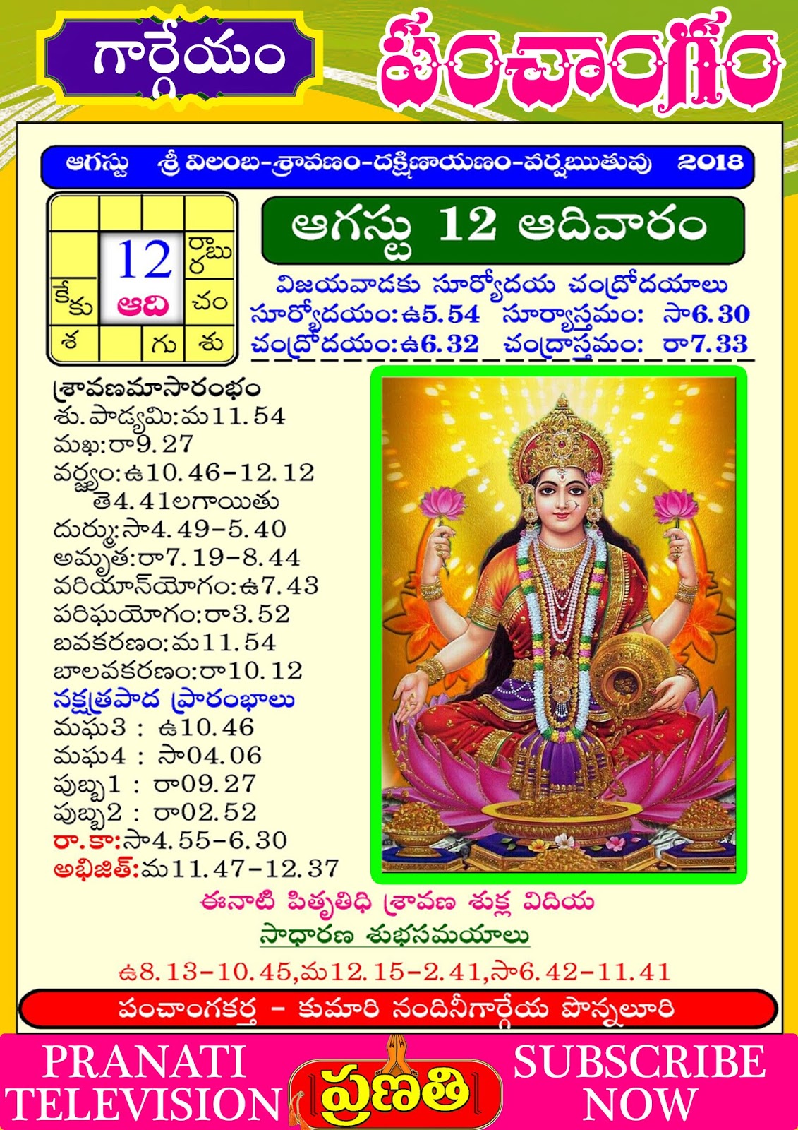 గ్రహభూమి Telugu Panchangam Hindu Calendar 12th August 2018 పంచాంగం