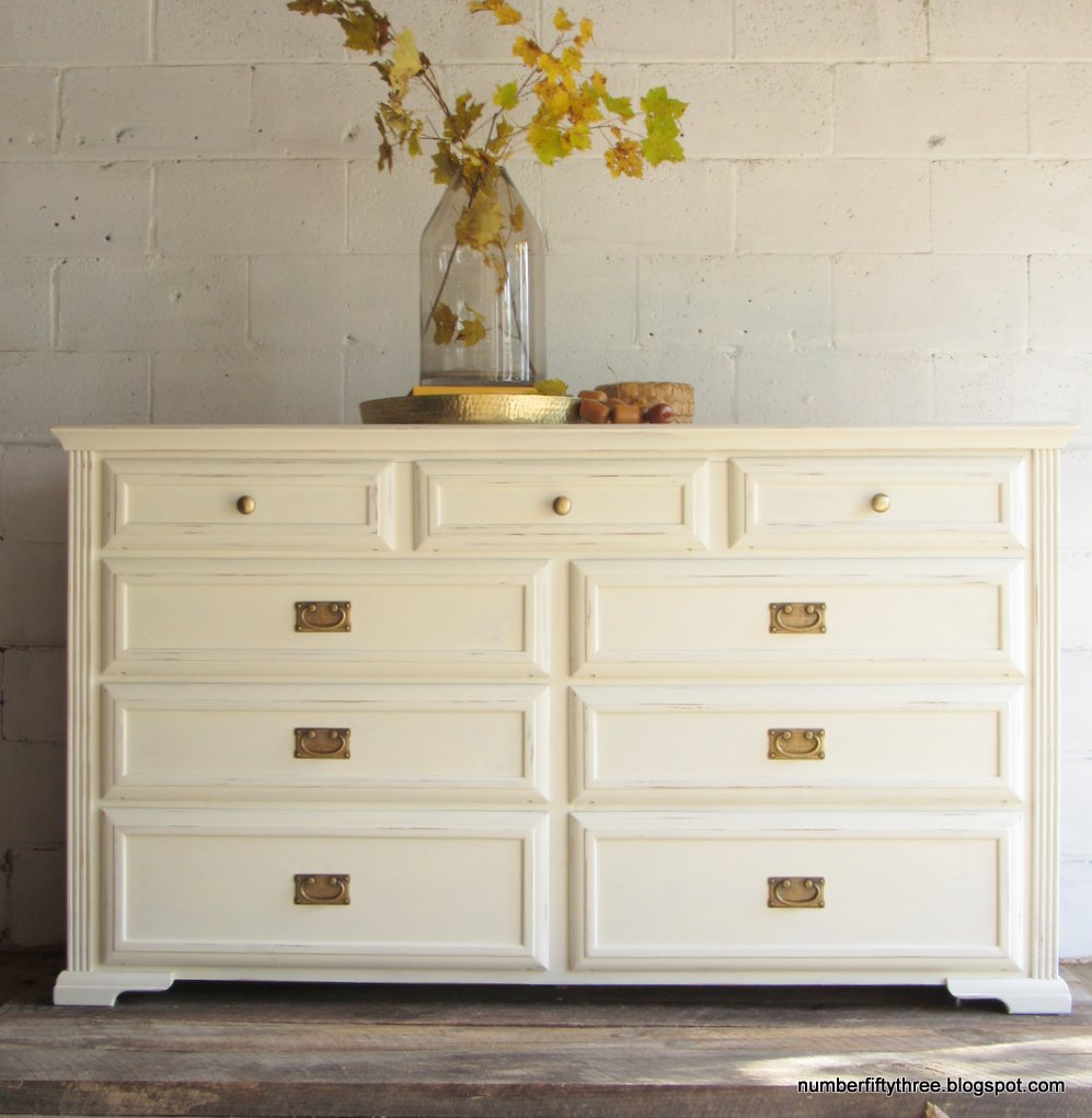 Number FiftyThree Antique White Dresser with Brass Hardware