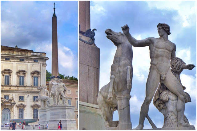 Piazza del Quirinale en Roma y figuras y obelisco en la Fuente Fontana dei Dioscuri 