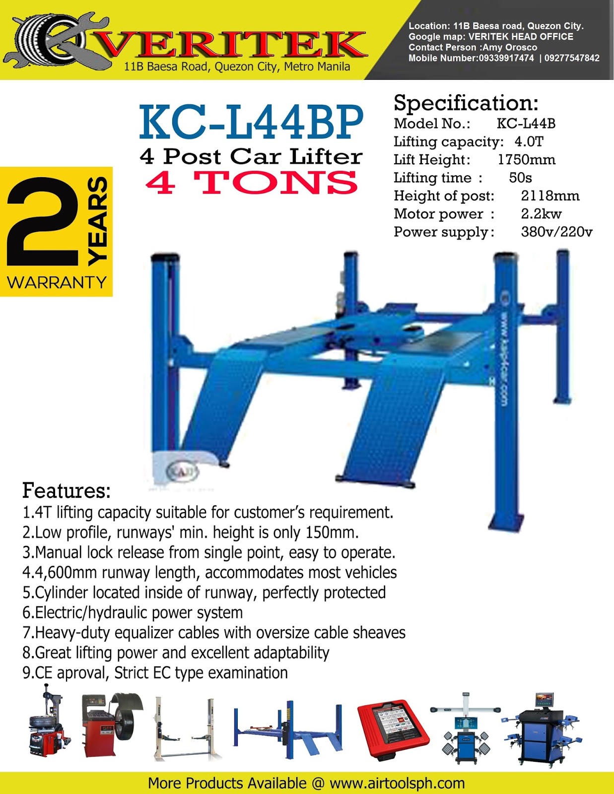 Veritek KCL44BP 4 Post Car Lifter Philippine Automotive