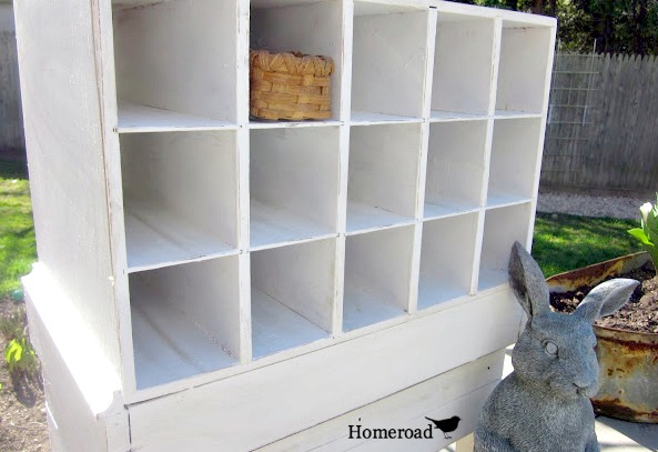DIY cubbies created from discarded furniture pieces www.homeroad.net