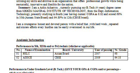 tabular resume format