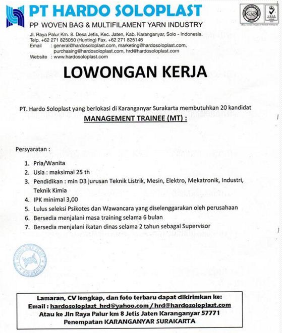 Lowongan Kerja PT. Hardo Soloplast (Ditutup 25 Maret 2016