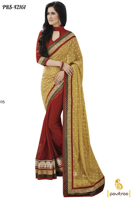 Beige braso embroidery saree at low price