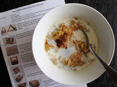 Bowl of porridge, with instructions for a 1/12 scale retro caravan kit underneath it.