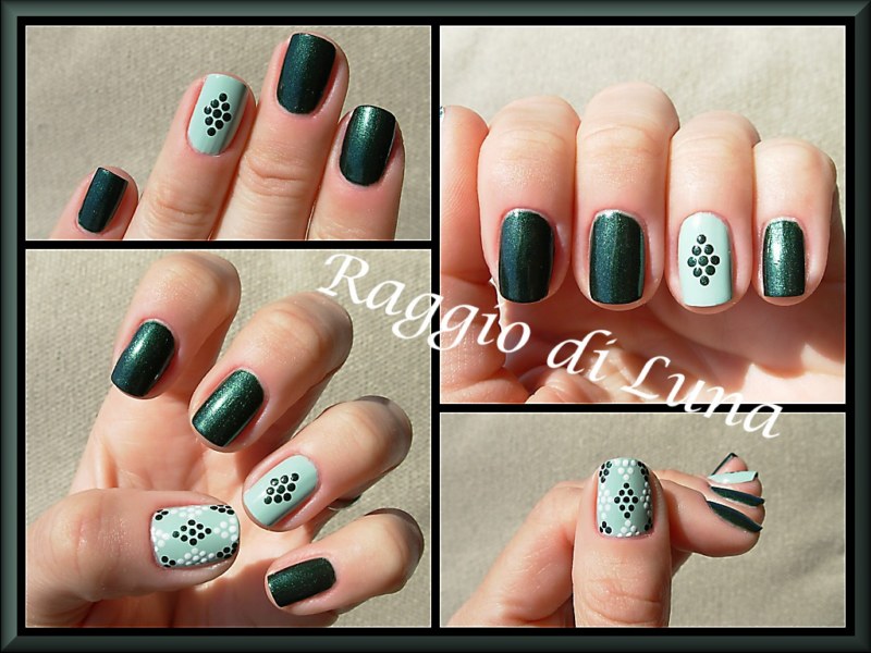 Raggio di Luna Nails: Green and white dots rhombuses