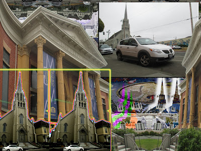Potatoshop Collage of Our Car and the Church in Eureka Art by Greg Vanderlaan aka gvan42