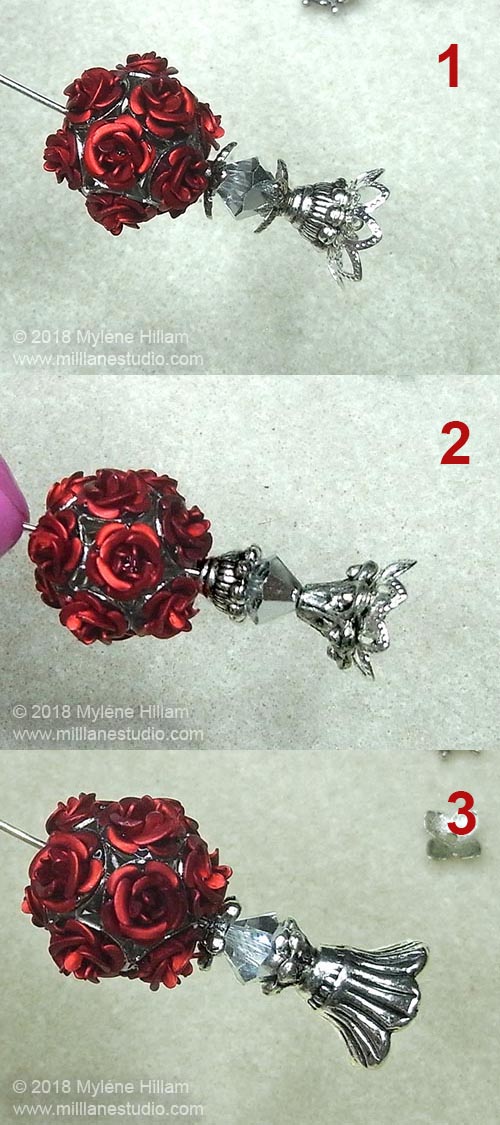 3 different bead cap combinations for the base of the rose bottle