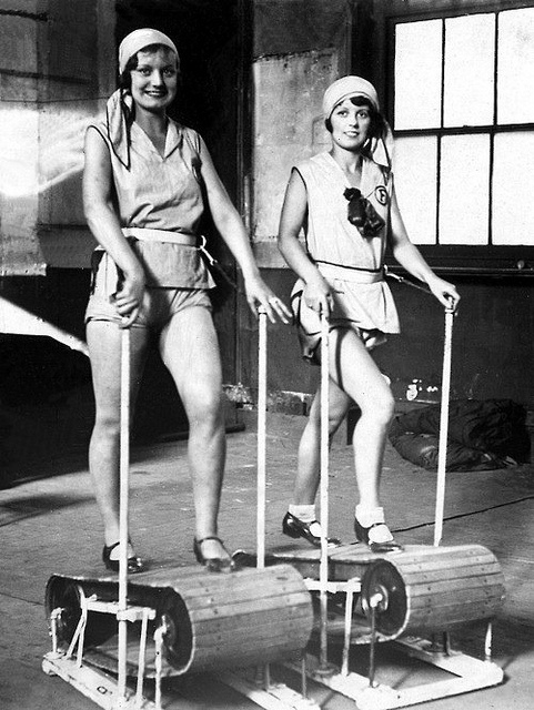 Treadmills became an extravagant novelty and luxury for the idle rich. Two young ladies, wearing 1920s athletic smocks, head scarves, and bloomers, model 1920s treadmills. Other stories of Voluntary Exercise. The Mill, The history of the treadmill and the best of treadmill dancing. marchmatron.com