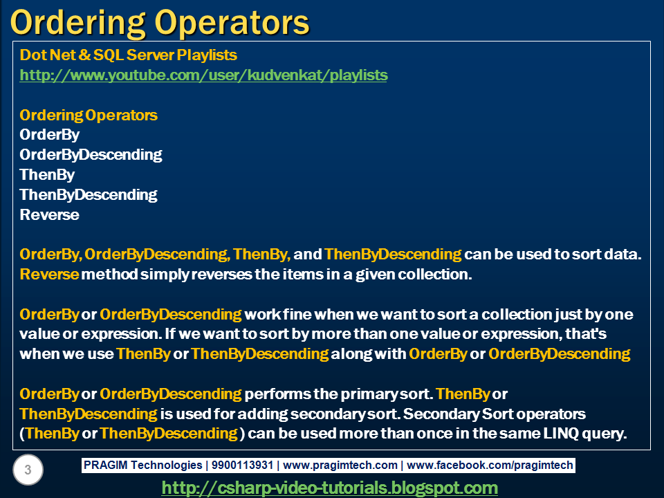 Sql server, .net and c# video tutorial: Part 11 - Ordering Operators in