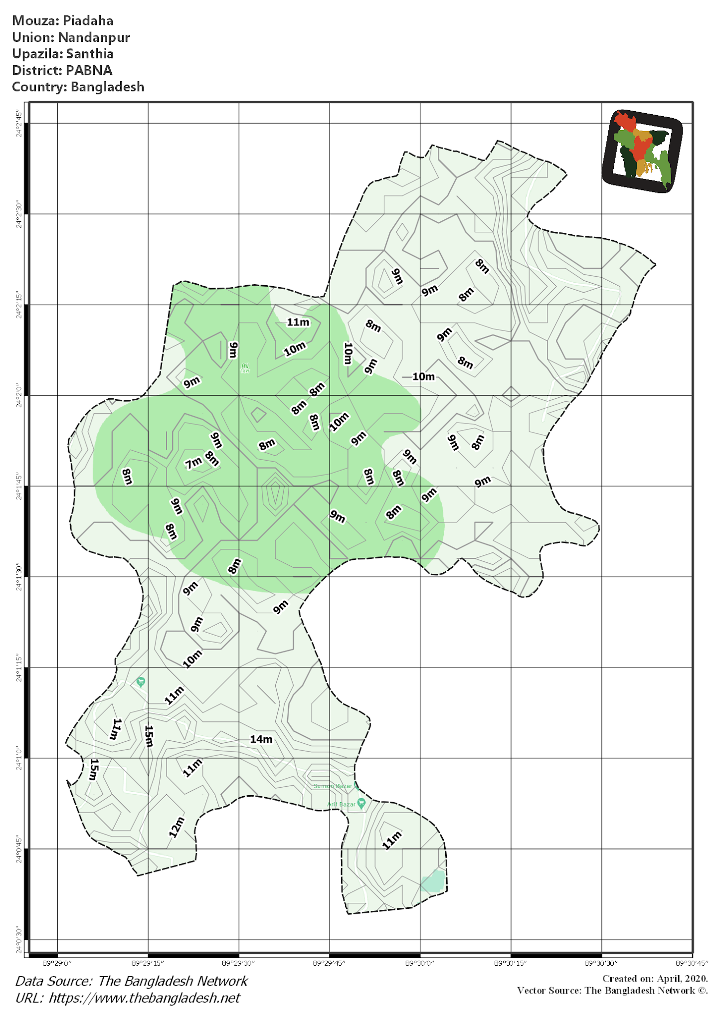 Map of Piadaha Mouza of Santhia Upazila, PABNA, Bangladesh.
