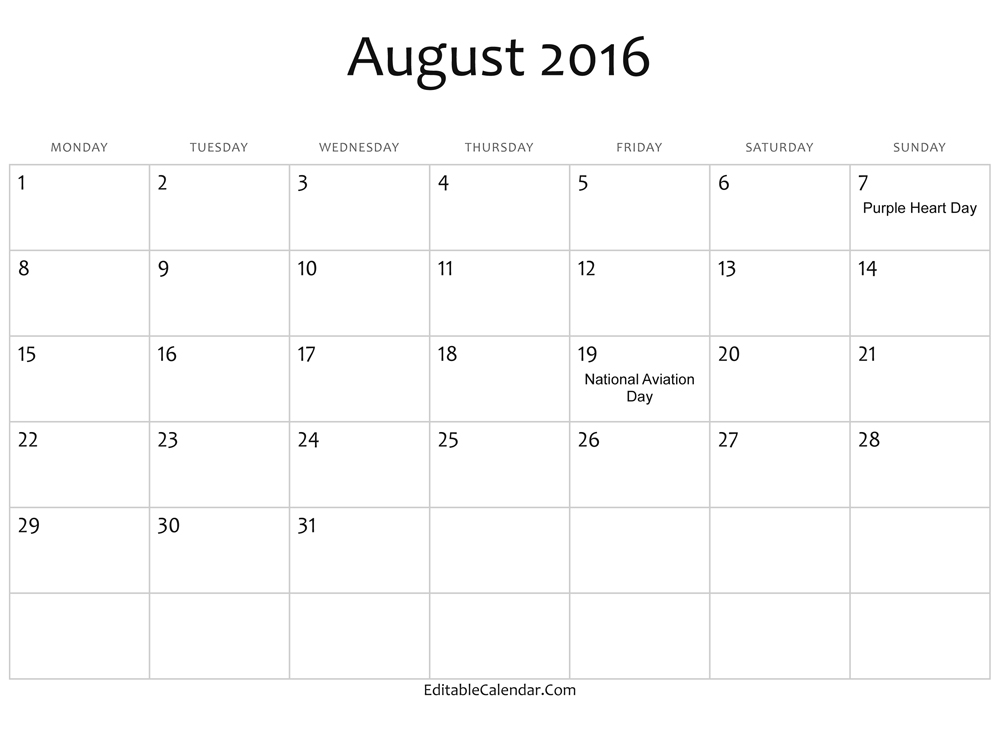 Free August 2016 Calendar Printable Template Printable Calendar 2016