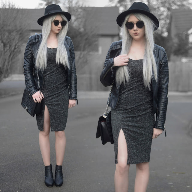 Sammi Jackson - Primark Fedora / Zaful Sunglasses / Shein Biker Jacket / Everything5pounds Sparkly Dress  / OASAP Quilted Flap Bag / Office Chunky Ankle Boots 