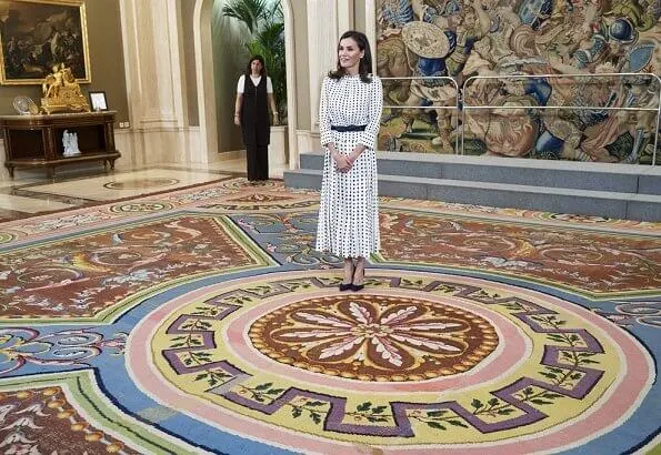 Queen Letizia wore Massimo Dutti print dress and Carolina Herrera pumps. Carlos Fitz-James Stuart, Duke of Alba