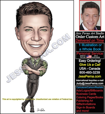 Leaning Real Estate Agent Wearing Vest Caricature