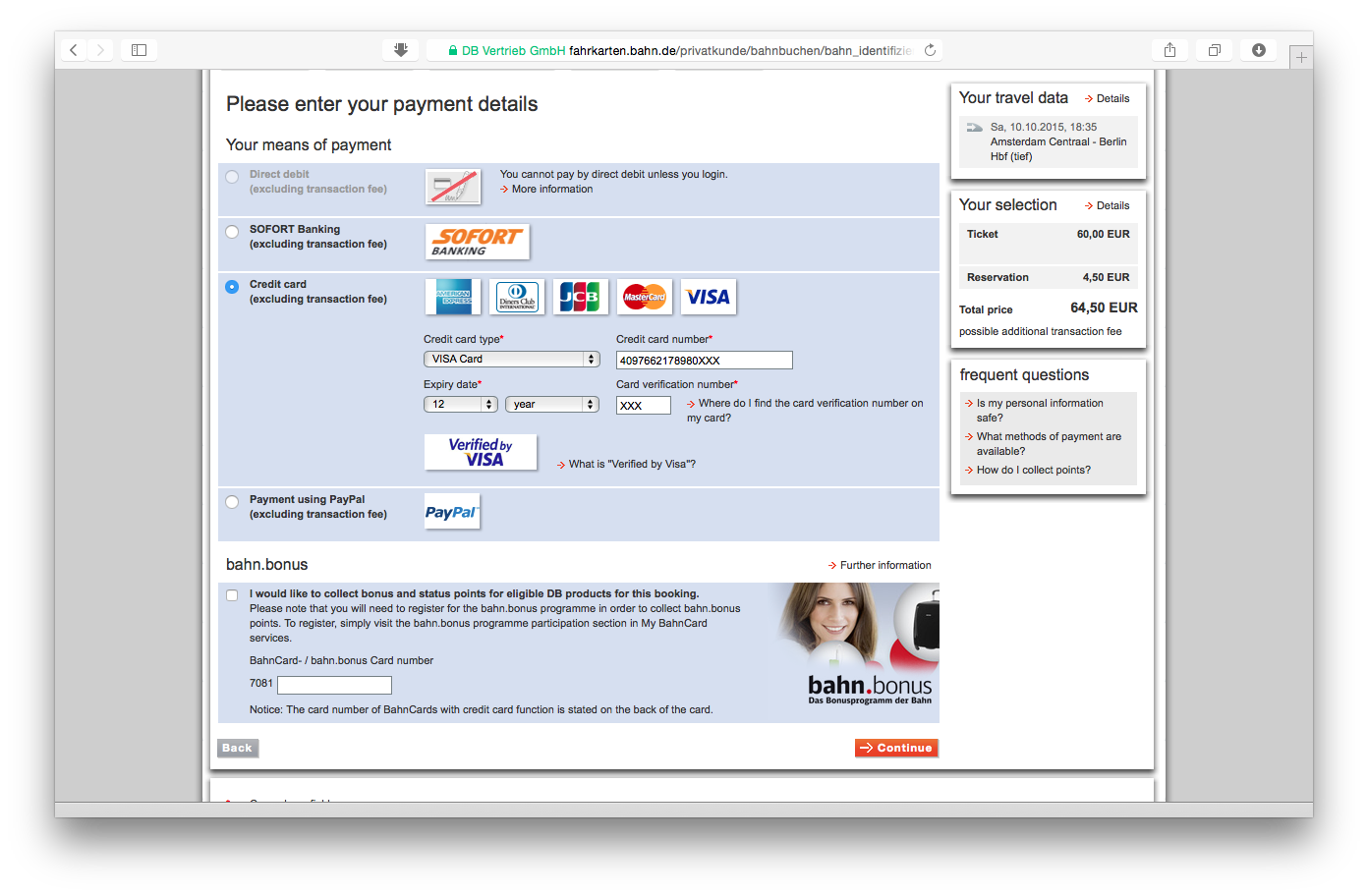 Tampilan web bahn.de: pilihan metode pembayaran