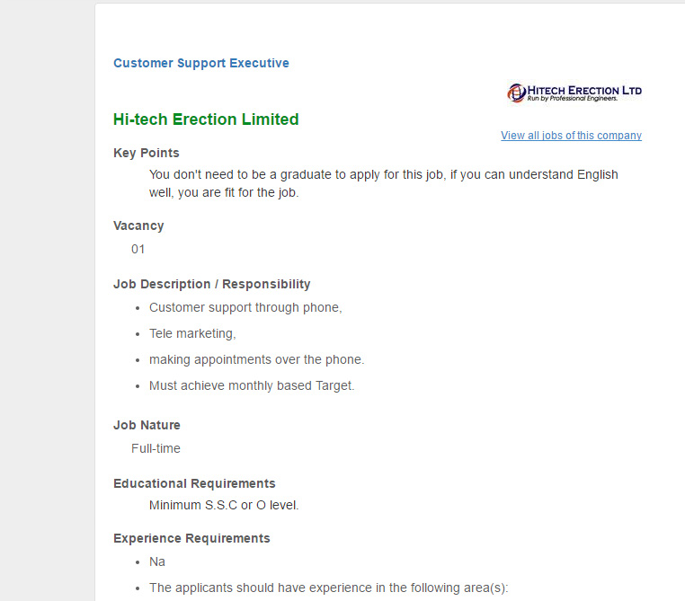 hi tech erection limited post customer support executive jobs job description for customer support executive