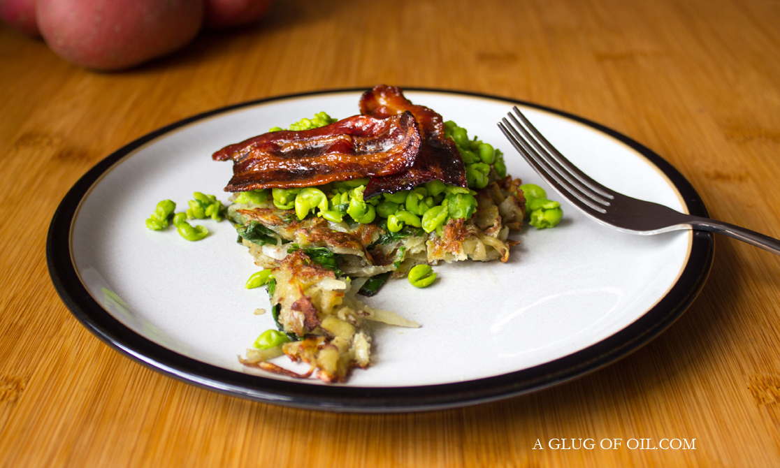 Potato and Spinach Rosti with Pea Mash and Maple Bacon