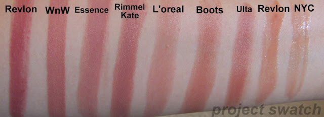 Revlon Rosy Nude, Wet n Wild 902C Bare It All, Essence Creamy Nude, Rimmel Kate 14, L'oreal Sheer Linen, Boots / Poppy King Confidence, Ulta American Girl, Revlon Nude Lustre, NYC Nude York City swatches