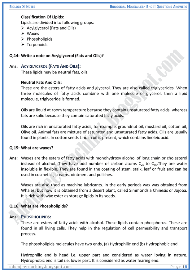 Adamjee Coaching Biological Molecules Short Question Answers