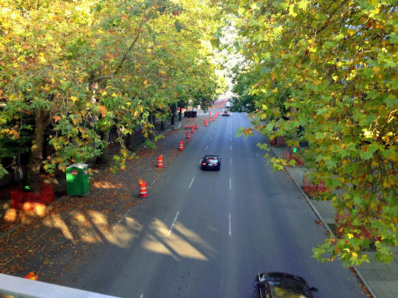 Looking East over Mercer Street from the sky bridge at the Seattle Center.