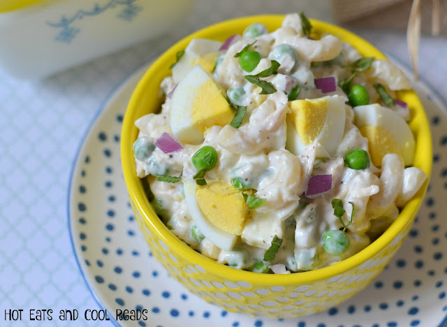 A delicious side to any meal! Also perfect for lunch, BBQ's or picnics in the park! Basil, Chicken and Hard Boiled Egg Macaroni Salad Recipe from Hot Eats and Cool Reads