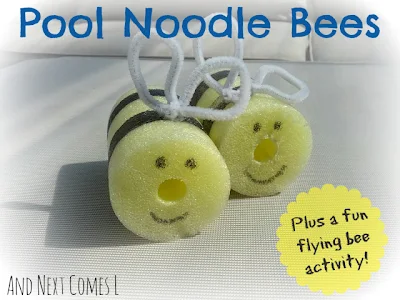 Pool noodle bee craft for kids, plus a fun flying bee activity from And Next Comes L