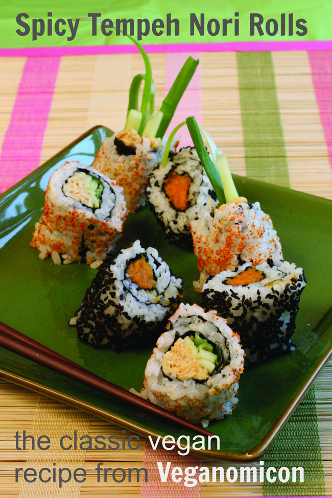 Spicy Tempeh Nori Rolls - the classic recipe from Veganomicon - with lots of tips for rolling your own veg sushi. #vegan #healthy #sushi #homemade #recipes #recipe